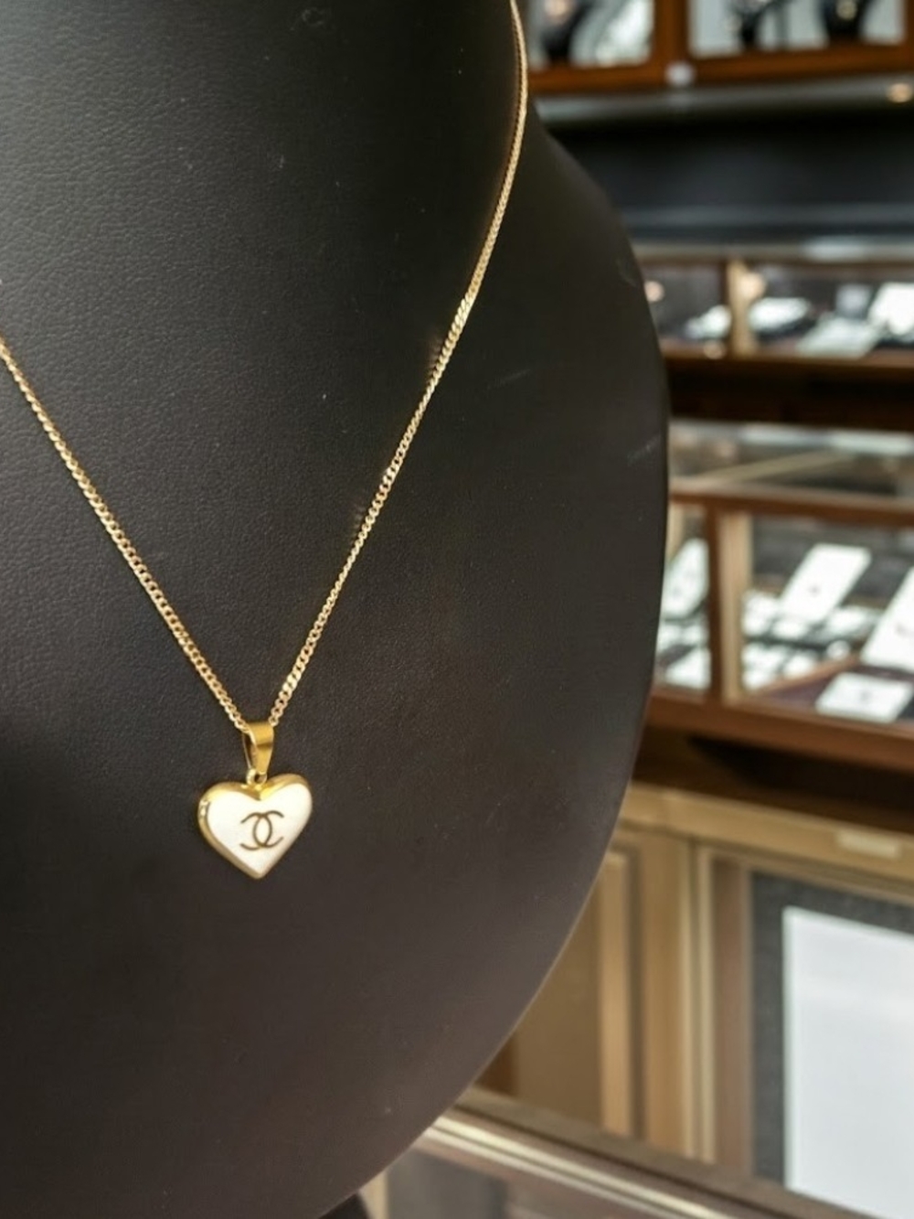 CHANEL Gold Heart Pendant Necklace with White Enamel